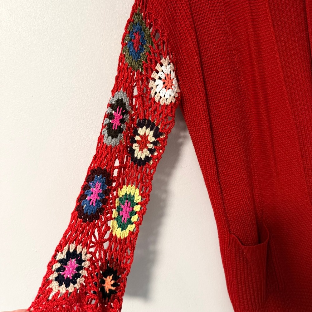 Blakeley Red Crochet Granny Square Sleeve Open Front Cardigan Sweater OS Womens - Picture 5 of 16